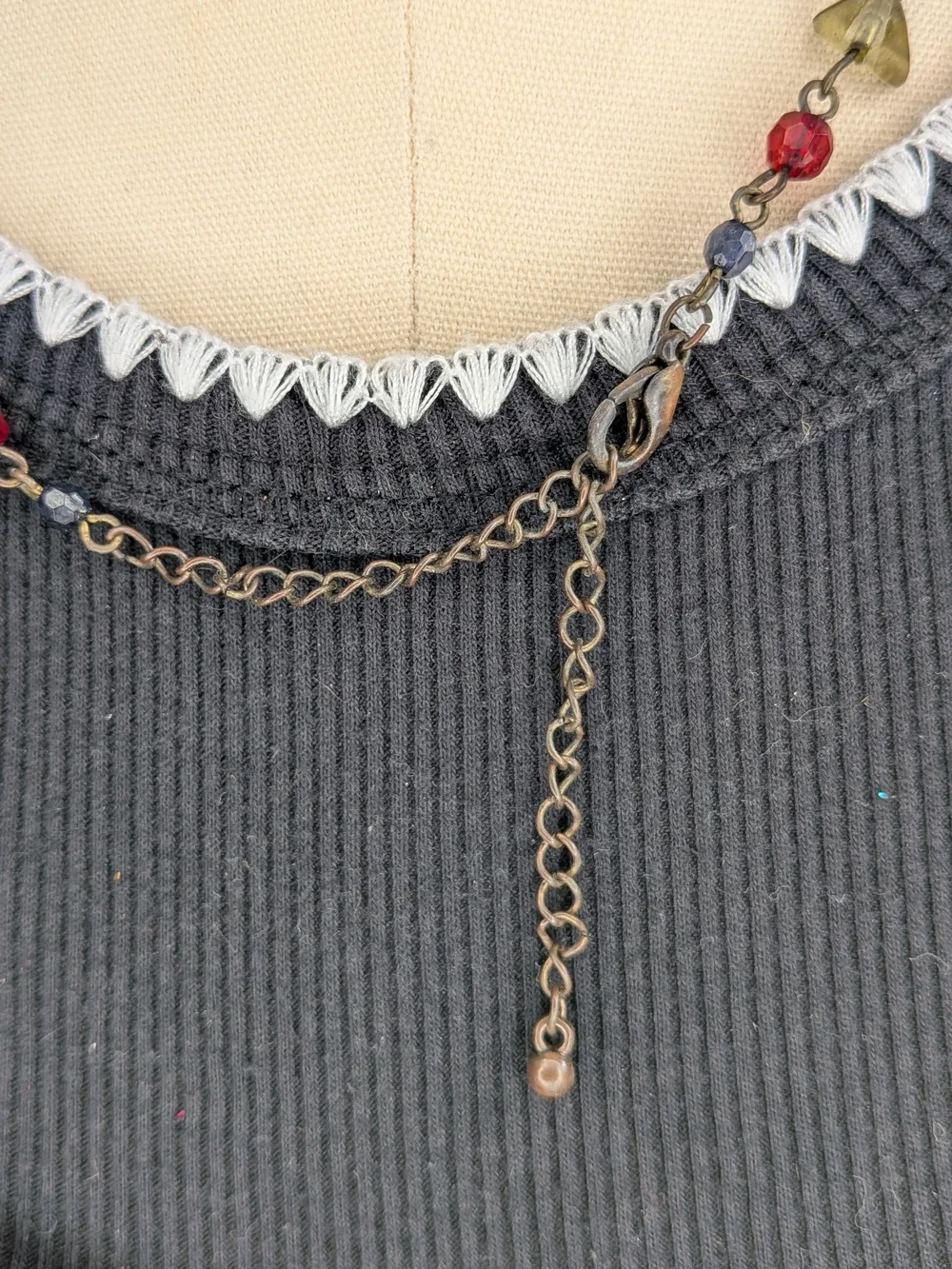 Vintage Antique Brass Multicolor Jewel Tone Glass Bead Wire Link Choker 16